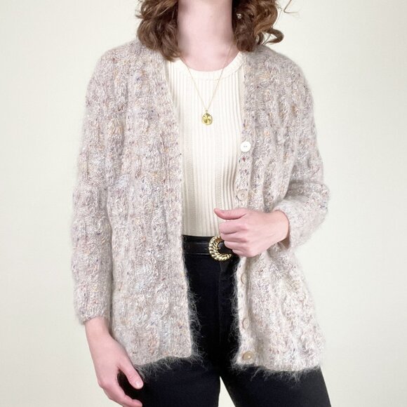 Vintage Hand Made Cable Knit Mohair Wool Cardigan Sweater Oversized Chunky Cozy - Picture 7 of 8